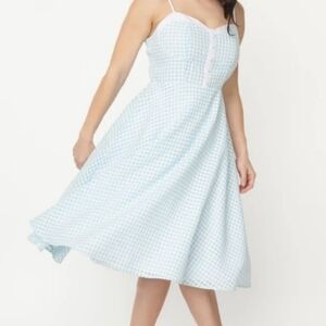 Unique Vintage Light Blue Gingham Midi Dress